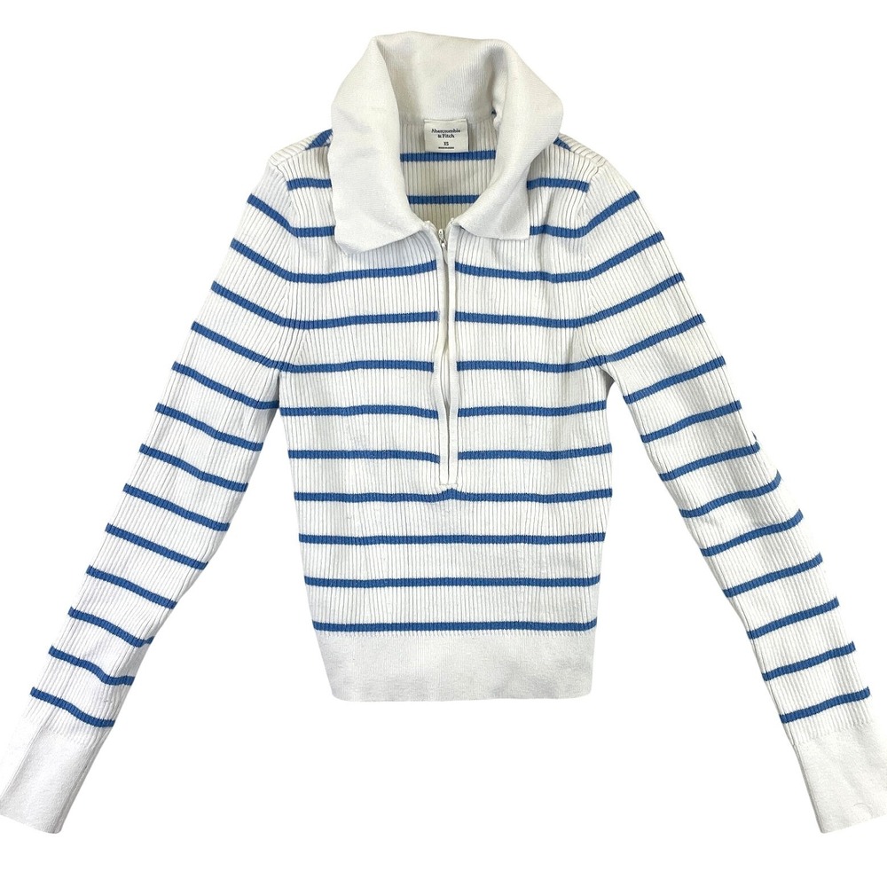 Abercrombie & Fitch Women's XS White Blue Striped Ribbed Quarter Zip Sweater